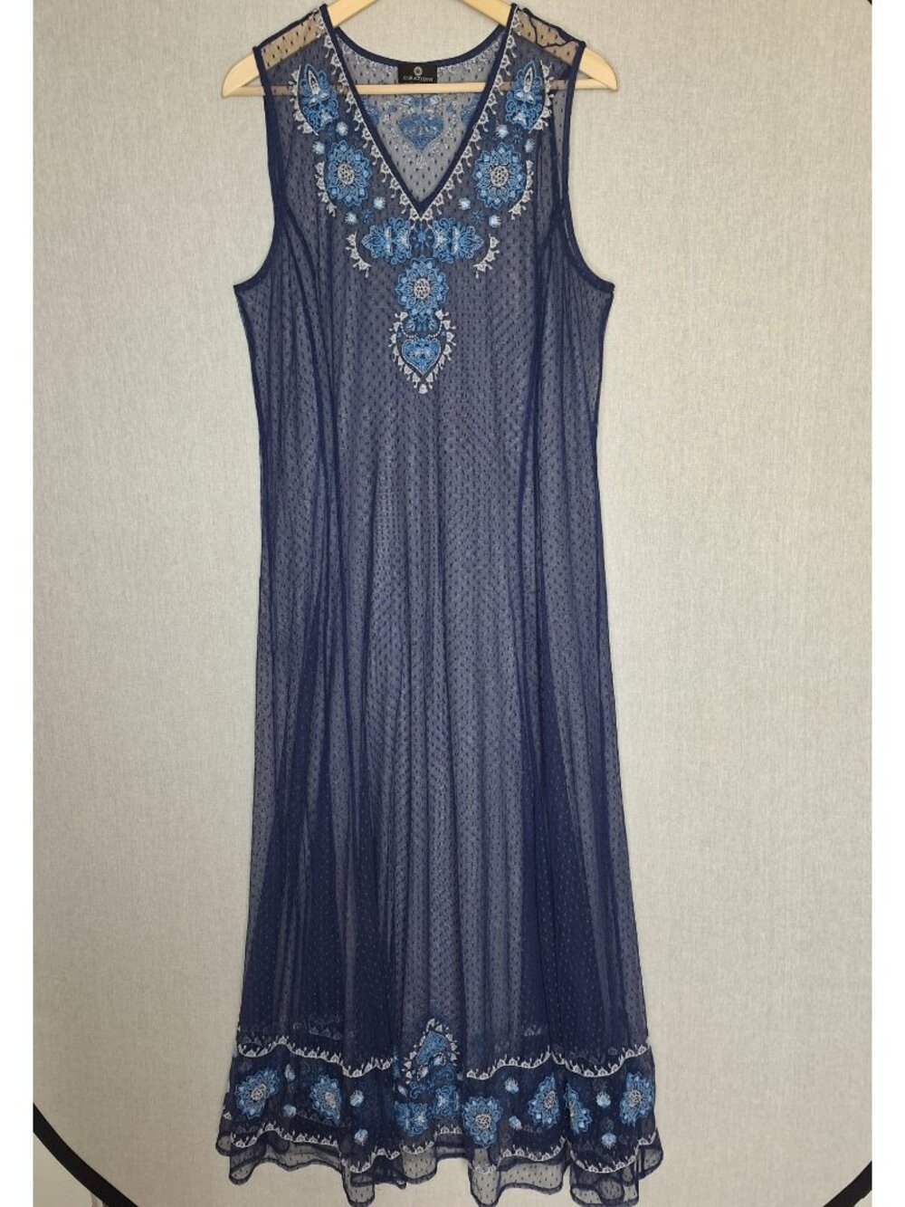 💙 Curations Navy Embroidered Mesh Nightgown Size L/XL Sleeveless V-Neck Sheer F